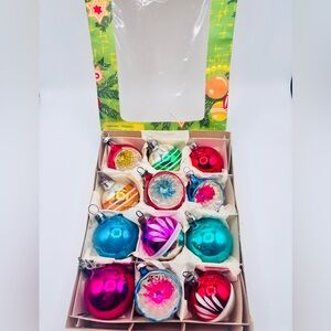 Vintage German Glass Christmas Ornaments Set of 12 Reflector Balls Boxed